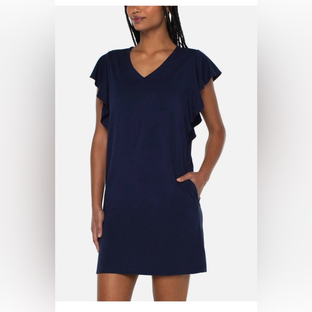 Women’s Navy V-Neck Flutter Sleeve Dress